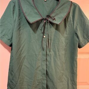 Green Button Down Shirt with Ribbon Collar